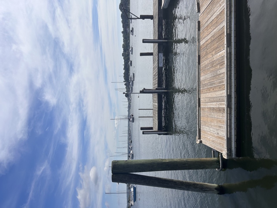 North Cove from the dinghy shack, planking and pilings out into the moorings.